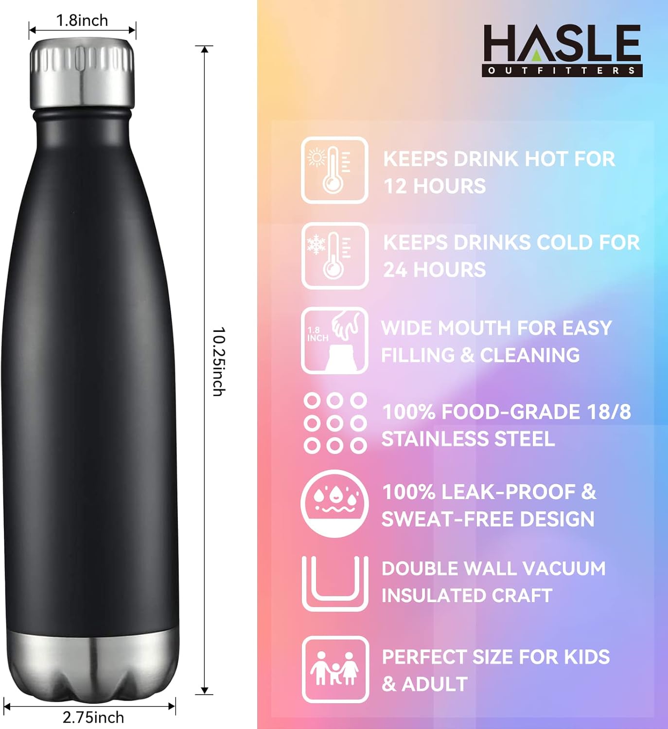 HASLE OUTFITTERS 17oz Stainless Steel Water Bottles, Vacuum Insulated Water Bottles Double Walled Reusable Metal Sports Water Bottles Keep Drinks Hot and Cold, Black, 1Pack