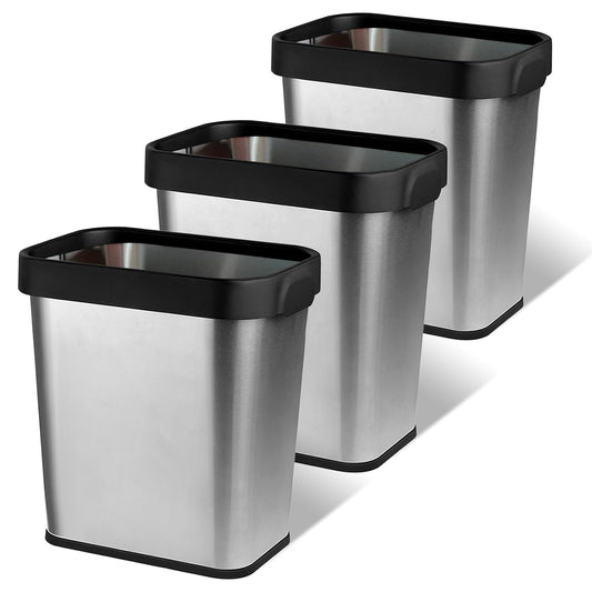 3 Pack Stainless Steel Trash Can 3 Gallon, Open Top Trash Can, 8" x 11" x 13", Rectangle Rubbish Bin, Slim and Narrow, No Lid Small Wastebasketfor Kitchen, Bathroom, Living Room, Office