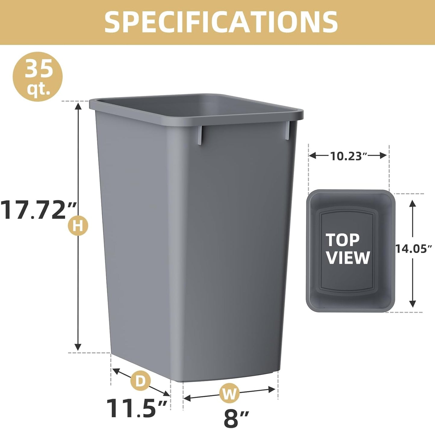ROOMTEC Lightweight and Durable Slim Trash Can, 35QT Kitchen Trash Can, Lightweight and Sturdy Slim Trash Cans, Wastebaskets for Office, Workspace, Kitchen, Bathroom, 2 PCS