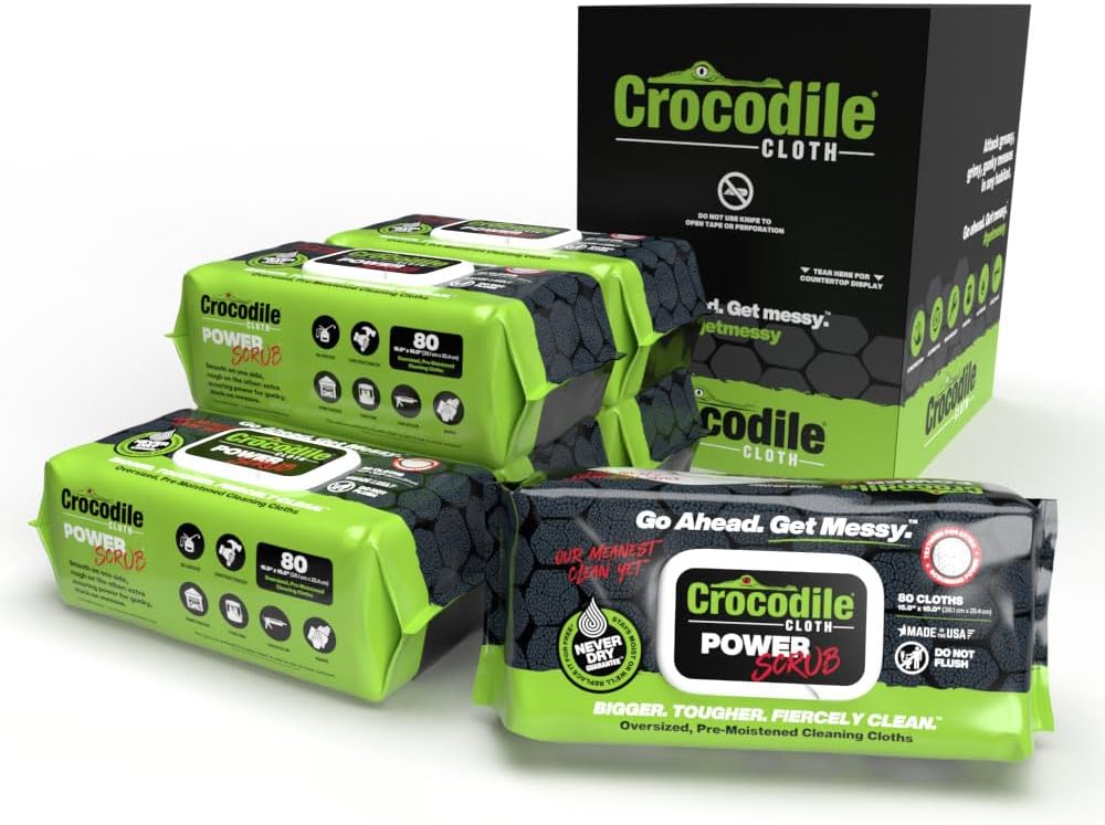 Crocodile Cloth PowerSCRUB Cleaning Wipes – 480 Count (6 Packs of 80 Count) Dual-Surface Cloths, Heavy-Duty, Moist, Absorbent, & Disposable - Safe on Skin & Multiple Surfaces - 15" x 10" XL Wipes