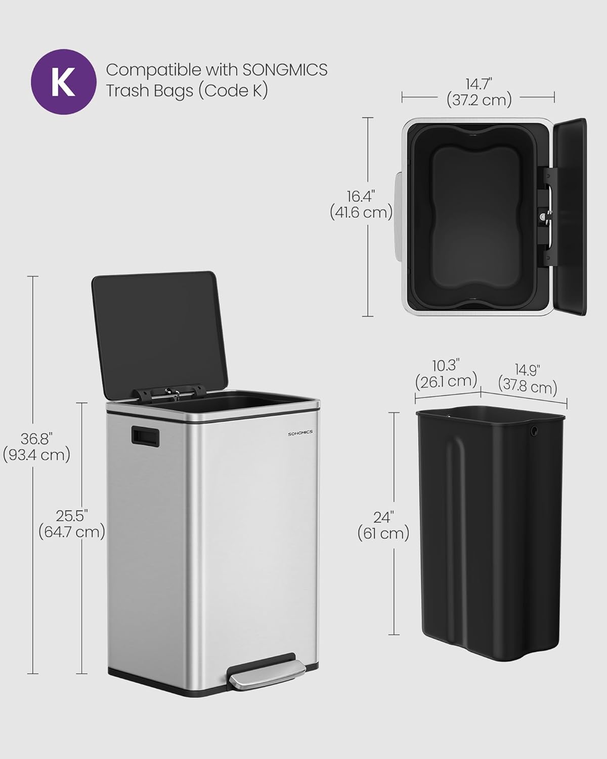 SONGMICS Trash Can, 13-Gallon Gabbage Can, with 15 Trash Bags, Stainless Steel, with Soft-Close Lid, Removable Inner Bucket, Handles, Silver ULTB595E01