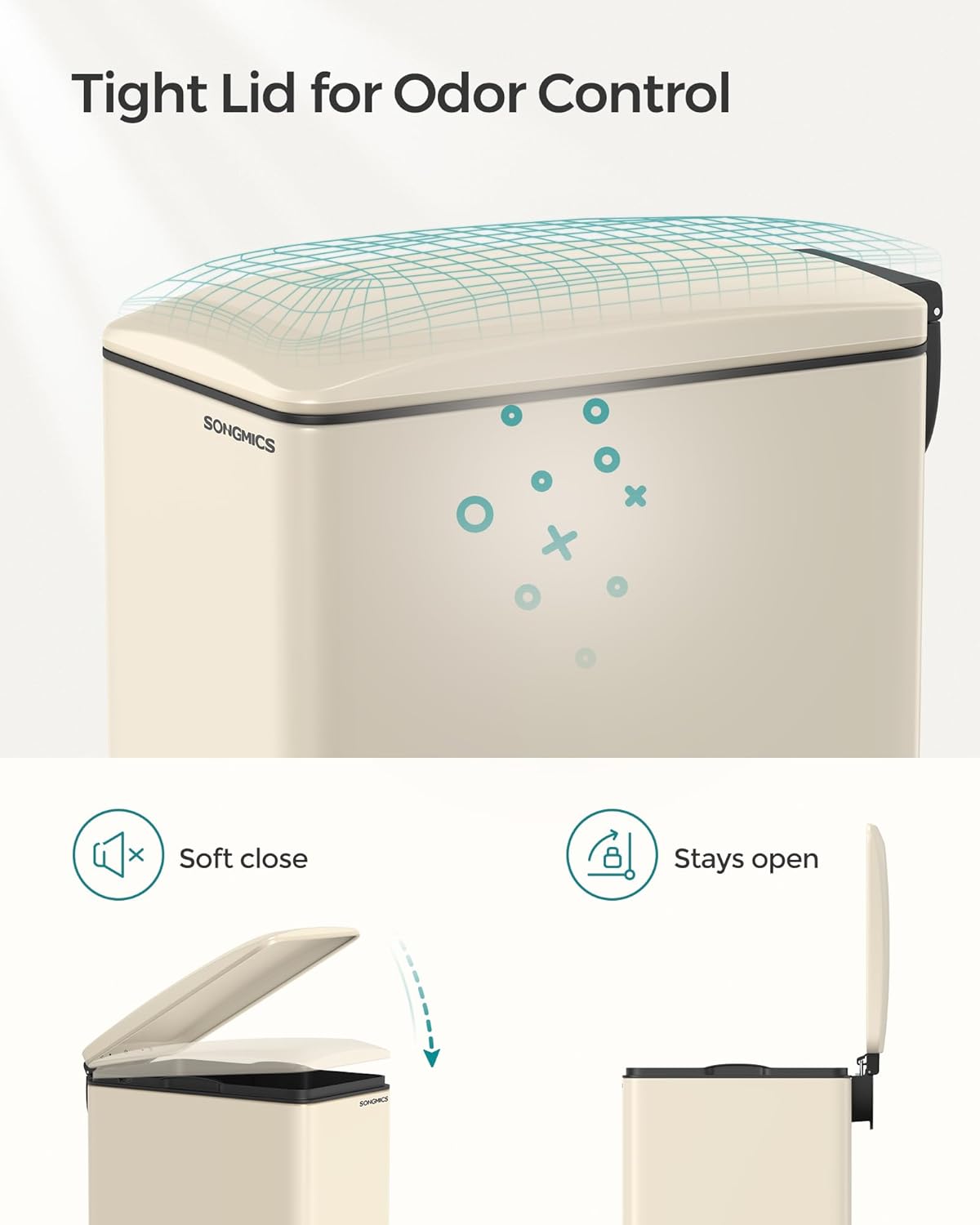 SONGMICS Slim Trash Can, 13-Gallon (50 L) Garbage Can for Narrow Spaces with Soft-Close Lid, Inner Bucket, and Step-on Pedal, Stainless Steel, 15 Trash Bags Included, Sand Beige ULTB510A01