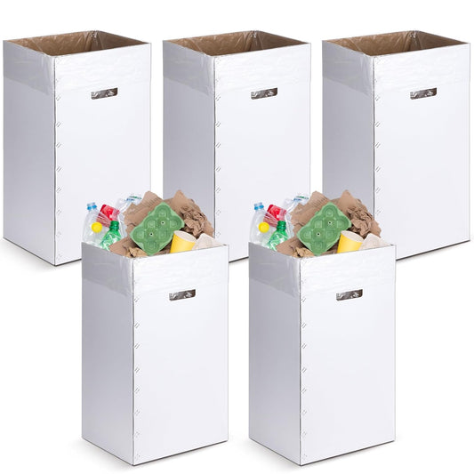 Tioncy 5 Pcs Cardboard Trash Cans Disposable and Reusable Corrugated Cardboard Trash Cans Recycling Bins Bulk with 10 Garbage Bags White Garbage Boxes for Parties Events (13 Gallon)