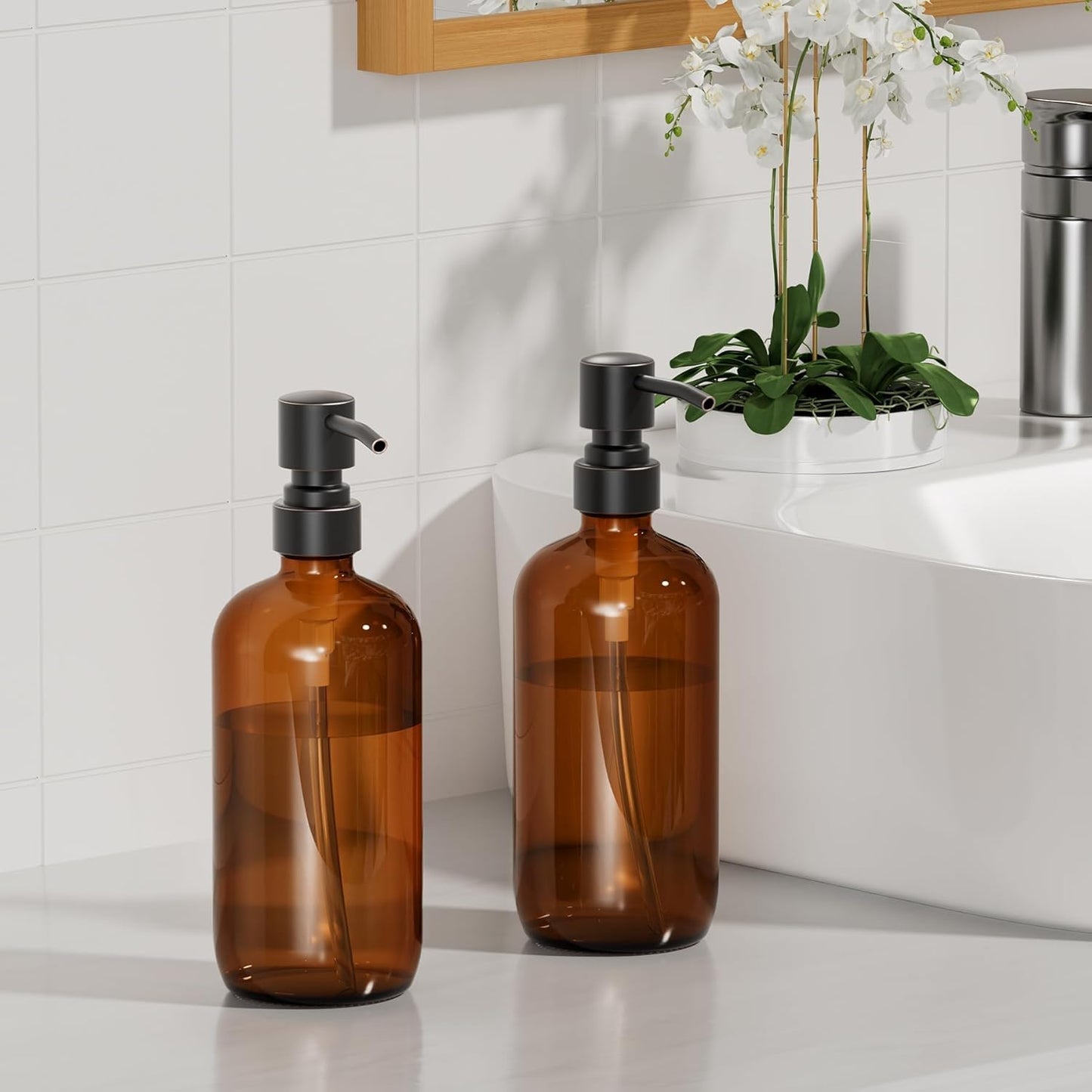 AmazerBath Amber Glass Soap Dispensers, 2 Glass Amber Pump Bottles, 17 Oz Dish Soap Dispenser, Kitchen Bathroom Hand Soap Dispensers for Hand Sanitiser, Shampoo, Lotion, Shower Gel Conditioner