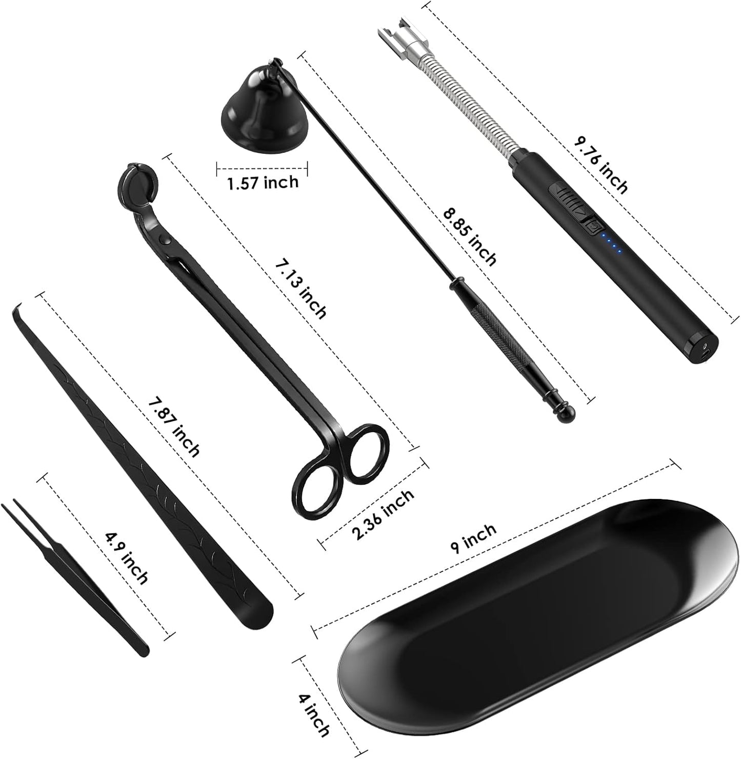 6 in 1 Candle Accessory Set,Candle Wick Trimmer Cutter,Candle Wick Dipper,Candle Wick Snuffer, Rechargeable Candle Lighter,Storage Tray Plate,Tweezers,Stainless Steel Candle Care Kit Home Gift(Black)