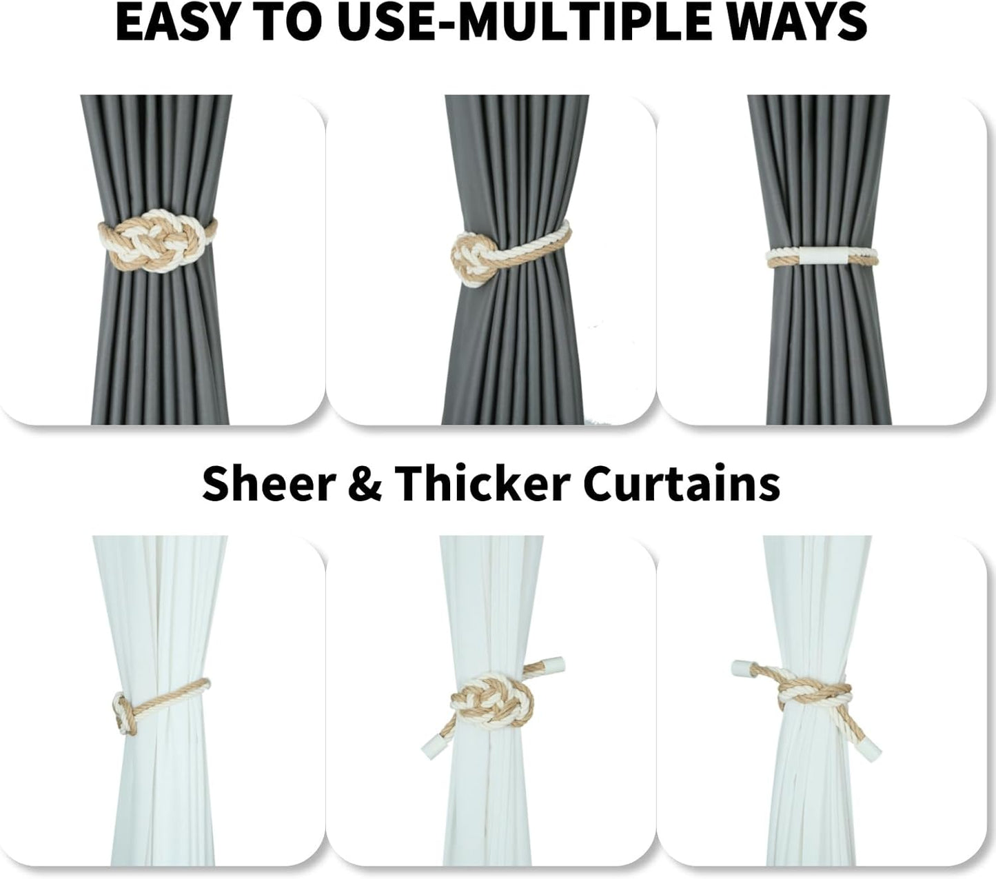 4 Pack Natural Jute Magnetic Curtain Tiebacks, Boho Rustic Style Decorative Curtain Ties Backs for Home & Office Drapery