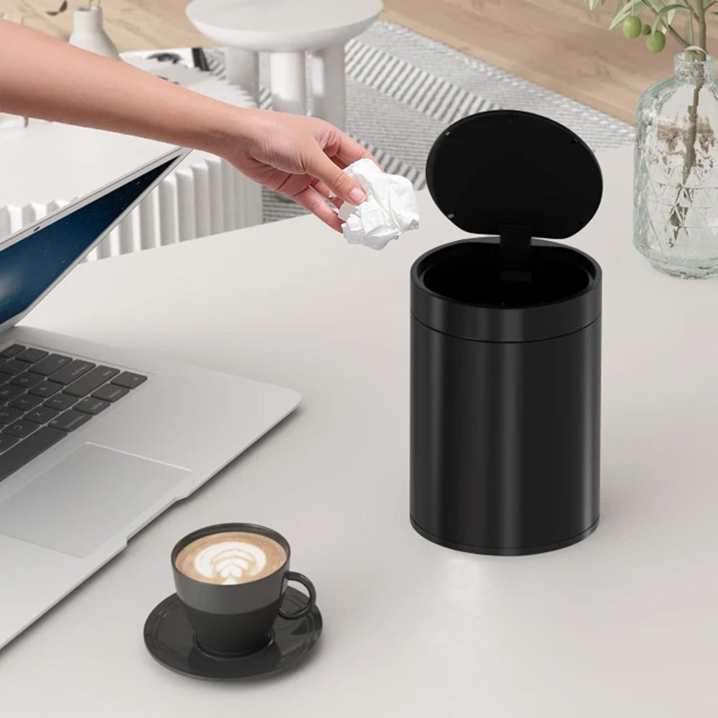 Mini Trash Can for Desk with Pop Up Lid,1.5L Tiny Trash Can for Desk, 0.4 Gal Stainless Steel mini Desk Trash can with Lid，Small Counter Garbage Bin with 1 Roll Bags for Bathroom,Office(Black)