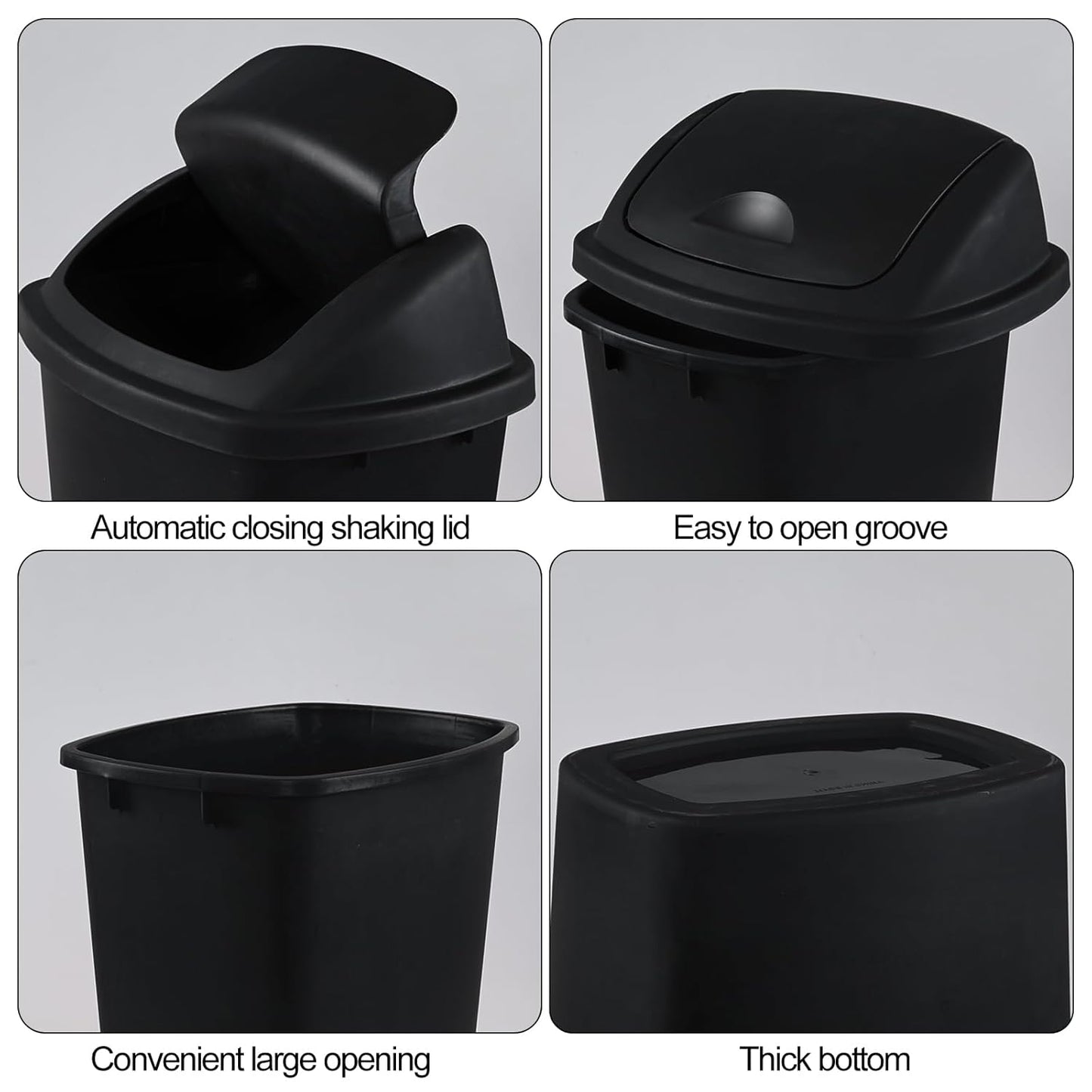 10 Gallon Plastic Garbage Bin with Lid, Swing Top Waste Container, Kitchen Trash Can with Swing Lid, Black, 4 Packs