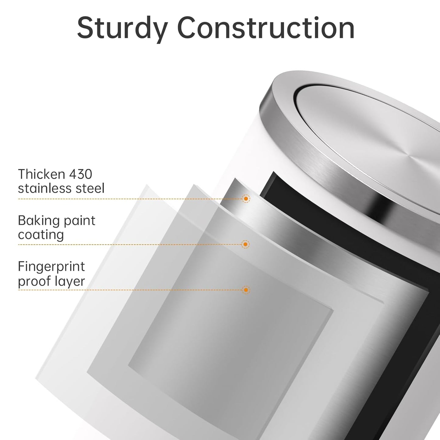 Mbillion Small Trash Can with Swing Lid 2.4 Gallons/9 Liter, Mini Trash Can with lid, Stainless Steel Cylindrical Garbage Can for Home and Office Bathroom Bedroom, for Ground and Desktop White