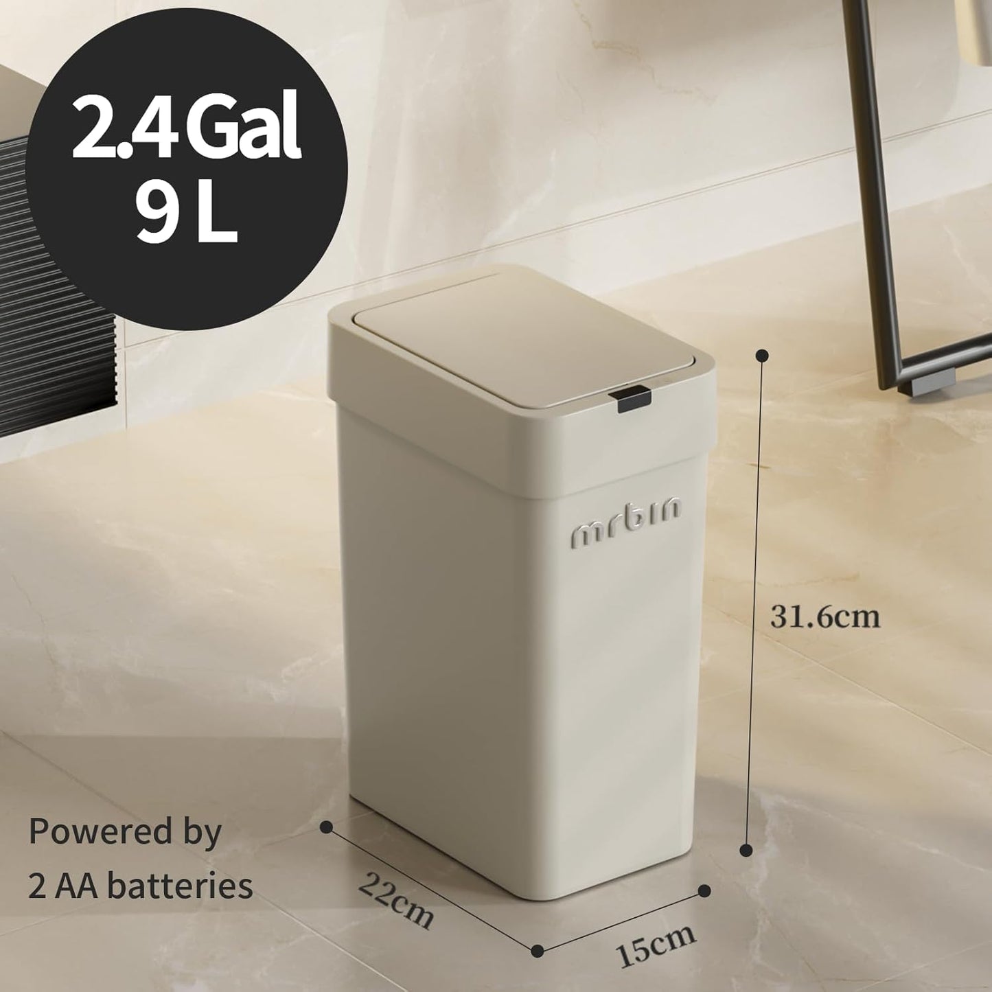 MRBIN Motion Sensor Bathroom Trash Can with Lid, 9L/2.4gal Automatic Plastic Slim Covered Electric Waste Basket, Narrow Rectangle Garbage Bin Under Desk for Small Office, Bedroom, Kitchen, Rv, Gray