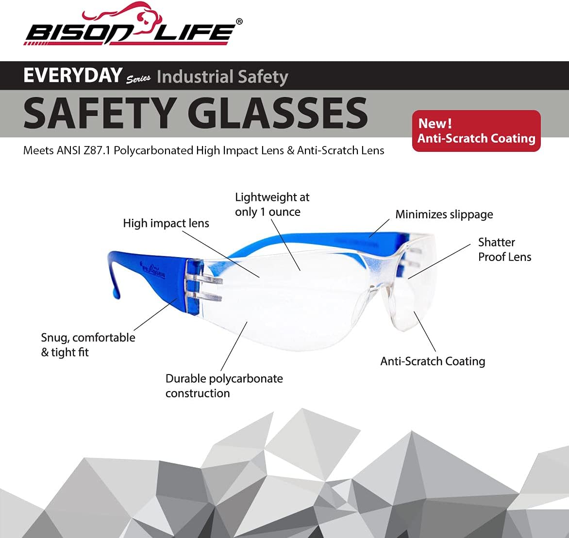 BISON LIFE Safety Glasses - Scratch Resistant Wrap Around Eyewear, Polycarbonate ANSI Z87.1 Impact Resistant Lens
