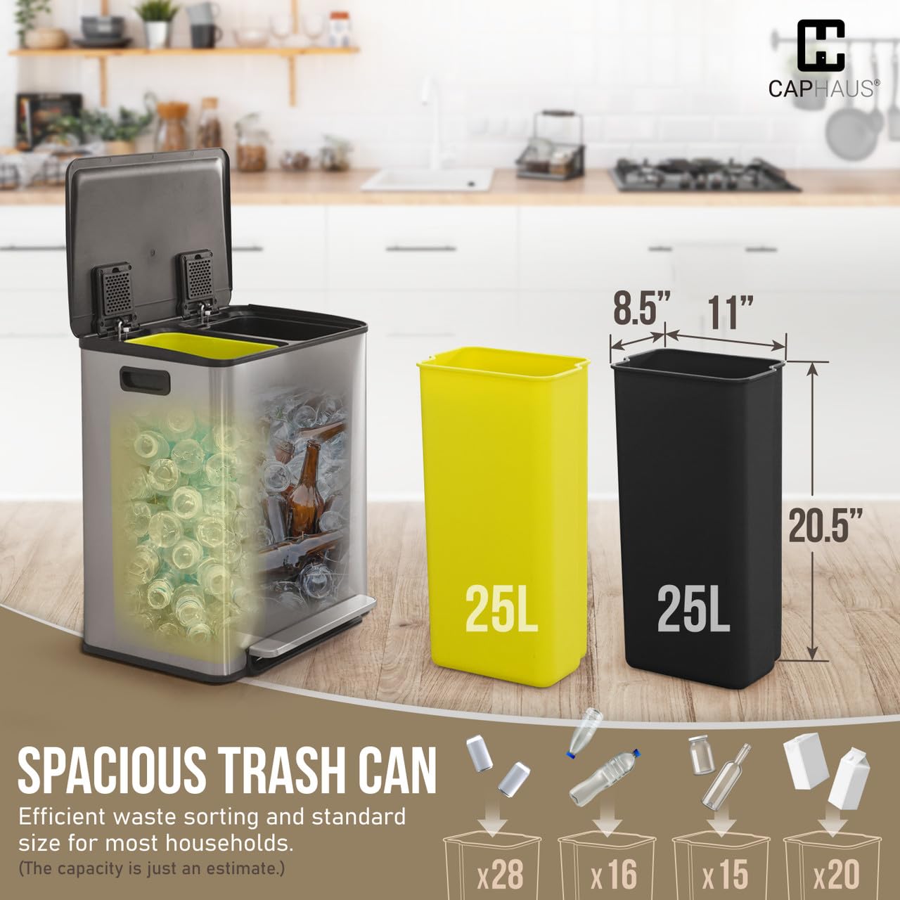 CAPHAUS Dual Trash Can with Lid, Trash and Recycling Bins Combo for Kitchen, Hands-Free Stainless-Steel Garbage Can with 2 Compartment, Hinged Lid, Odor Filter, Handles, 25L+25L, 2 x 6.6 Gallon