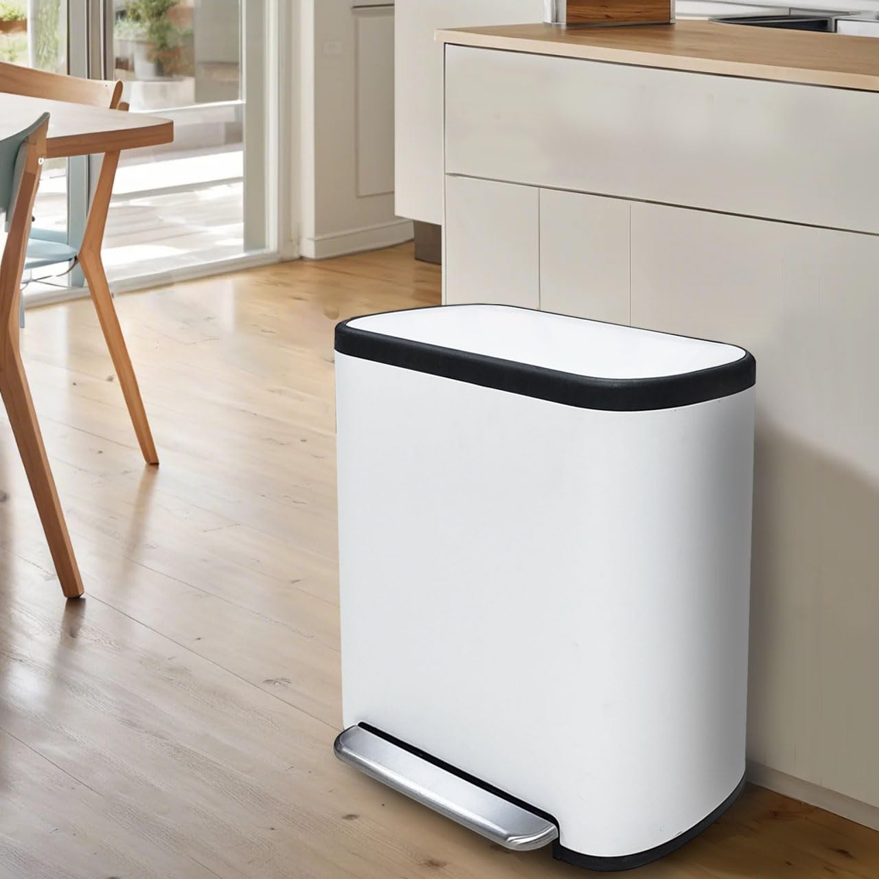 16 Gallon Dual Trash Can, Kitchen Recycling Bins with 2 x 8 Gallon Compartments, 2 Plastic Removable Liners, Soft-Close Lid, Stainless Steel Step Trash Can, White