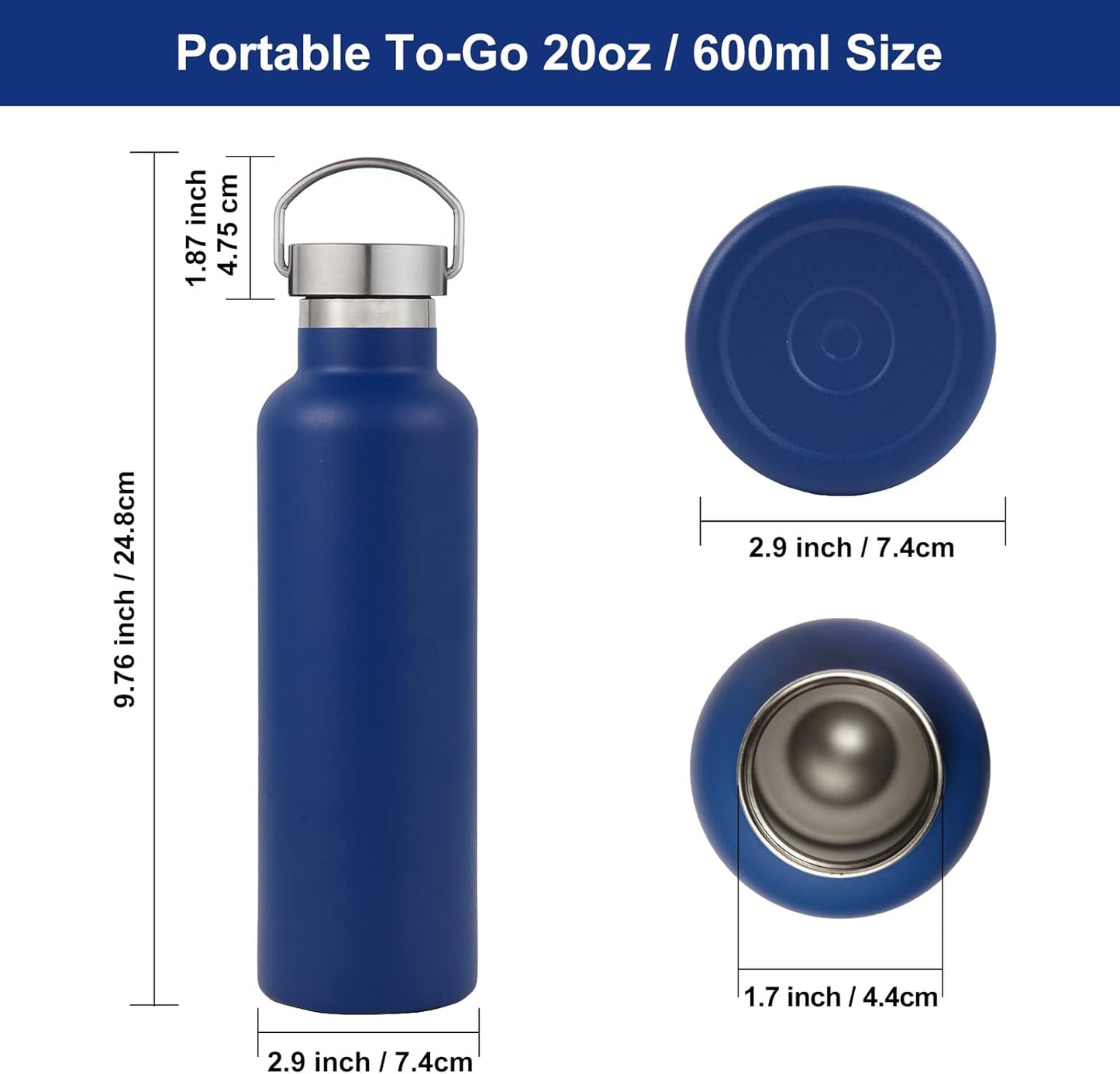 Neihepal 20 oz Insulated Water Bottles Bulk 8 Pack,Stainless Steel Double Wall Sport Bottle with Lid of Handle,Metal Reusable Flask with Cup Cap for School,Hikers,Gift (Navy,Set of 8)