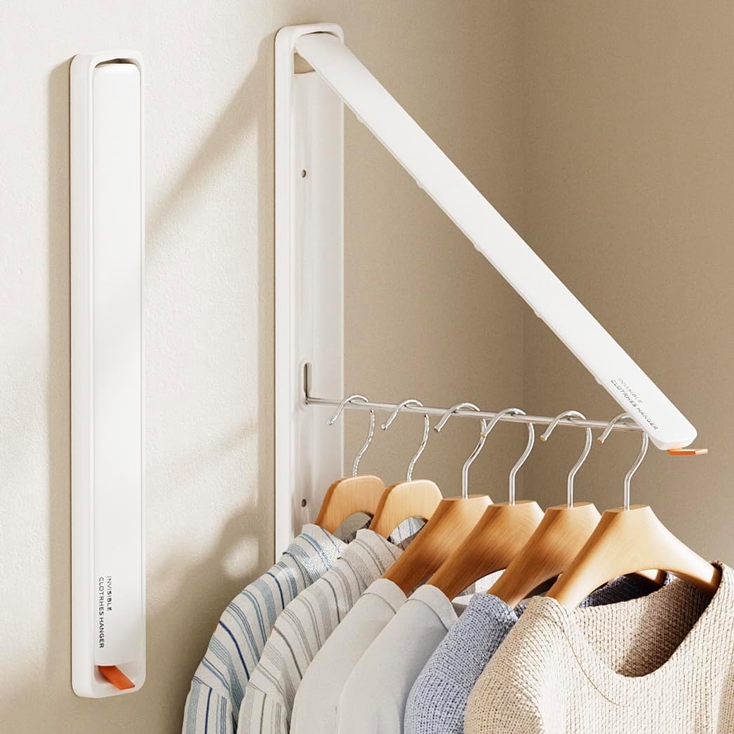 Clothes Drying Rack, Laundry Room Wall Mounted Retractable Clothes Hanger Drying Rack, Laundry Clothing Drying Rack Folding Indoor or Outdoor, Easy Installation Aluminium Dryer, 2pcs(White)
