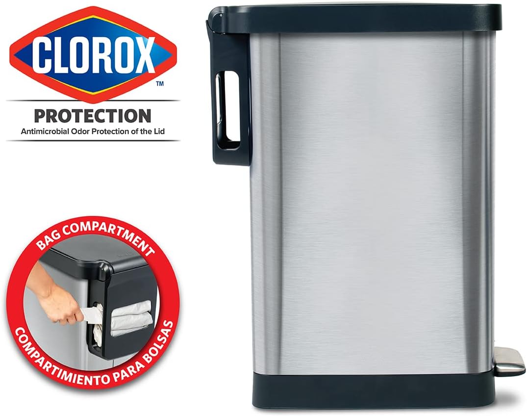 Glad Slim Trash Can with Clorox Odor Protection - Narrow Kitchen Garbage Bin with Soft Close Lid, Step On Foot Pedal and Waste Bag Roll Holder, Stainless Steel, 45 Liter