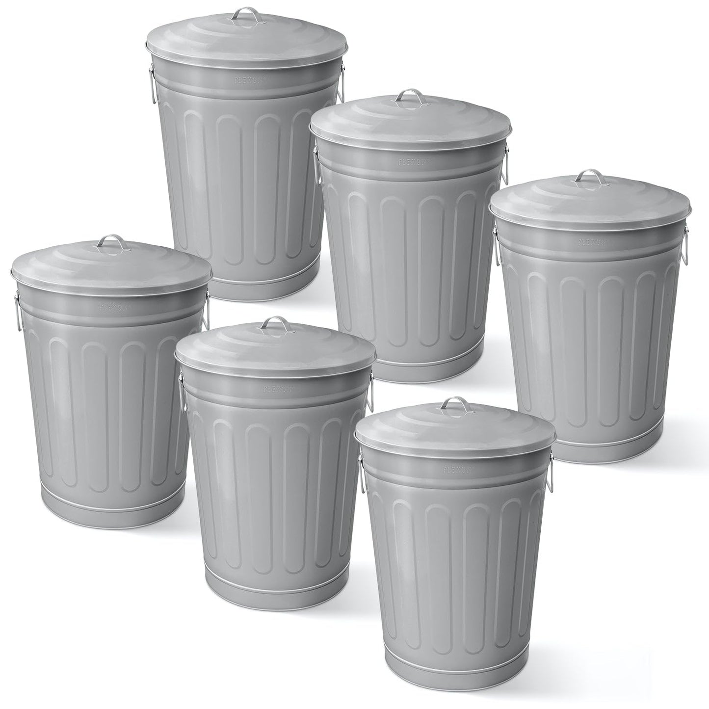 Plexon Round Trash Can 13 Gallon, Vintage Metal Outdoor Trash Can with Lid, Retro Farmhouse Garbage Container, Old School Modern Ash Bucket, Gray 6 Pack