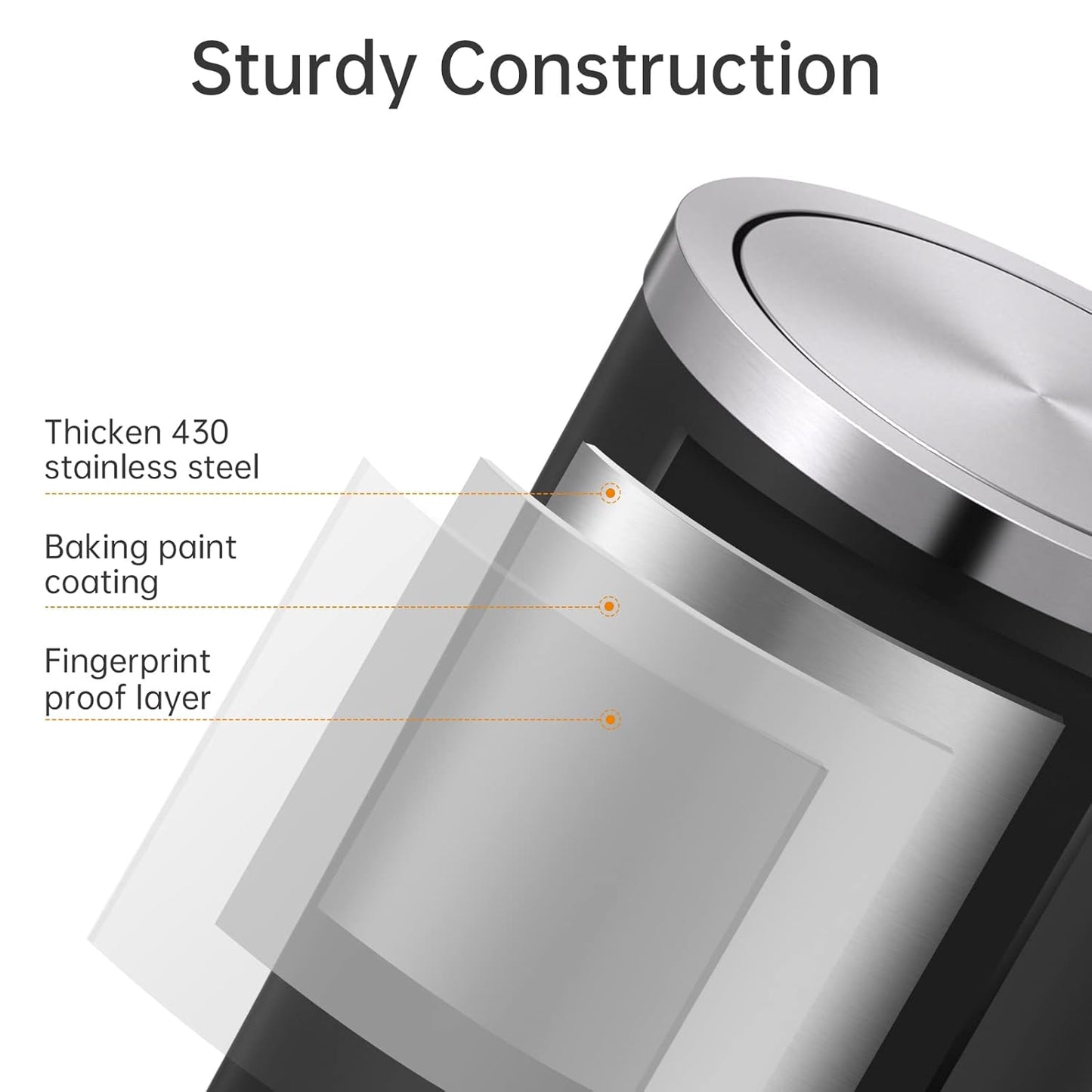 Mbillion Small Trash Can with Swing Lid 2.4 Gallons/9 Liter, Mini Trash Can with lid, Stainless Steel Cylindrical Garbage Can for Home and Office Bathroom Bedroom, for Ground and Desktop(Black)