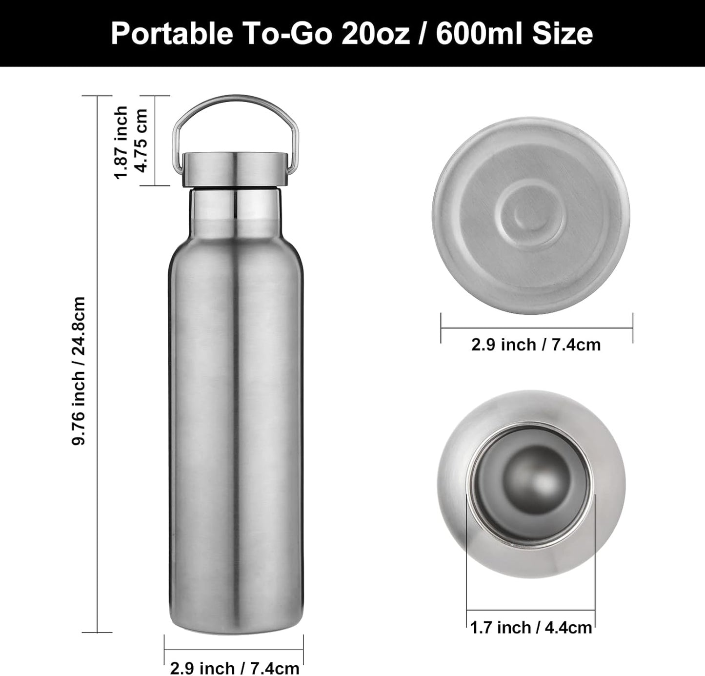 Neihepal 20 oz Insulated Water Bottles Bulk 4 Pack,Stainless Steel Double Wall Sport Bottle with Lid of Handle,Metal Reusable Thermoses Flask with Cup Cap for School,Hikers,Gift (Silver,Set of 4)