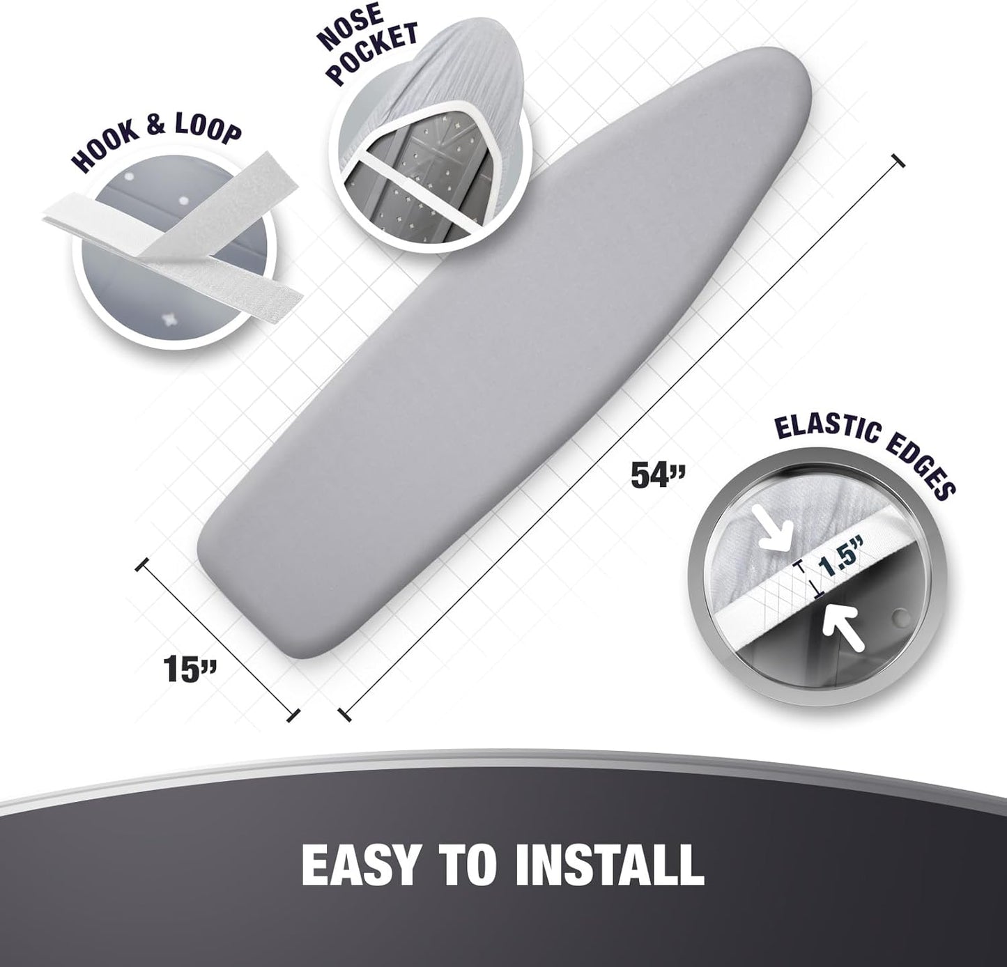 Extra Thick Ironing Board Covers with Pad Standard Size 15x54, Heat Reflective Full Scorch Resistant Padding, Snug Fit Non-Slip Nose Pocket Fastener Straps Elastic Edges, Gray