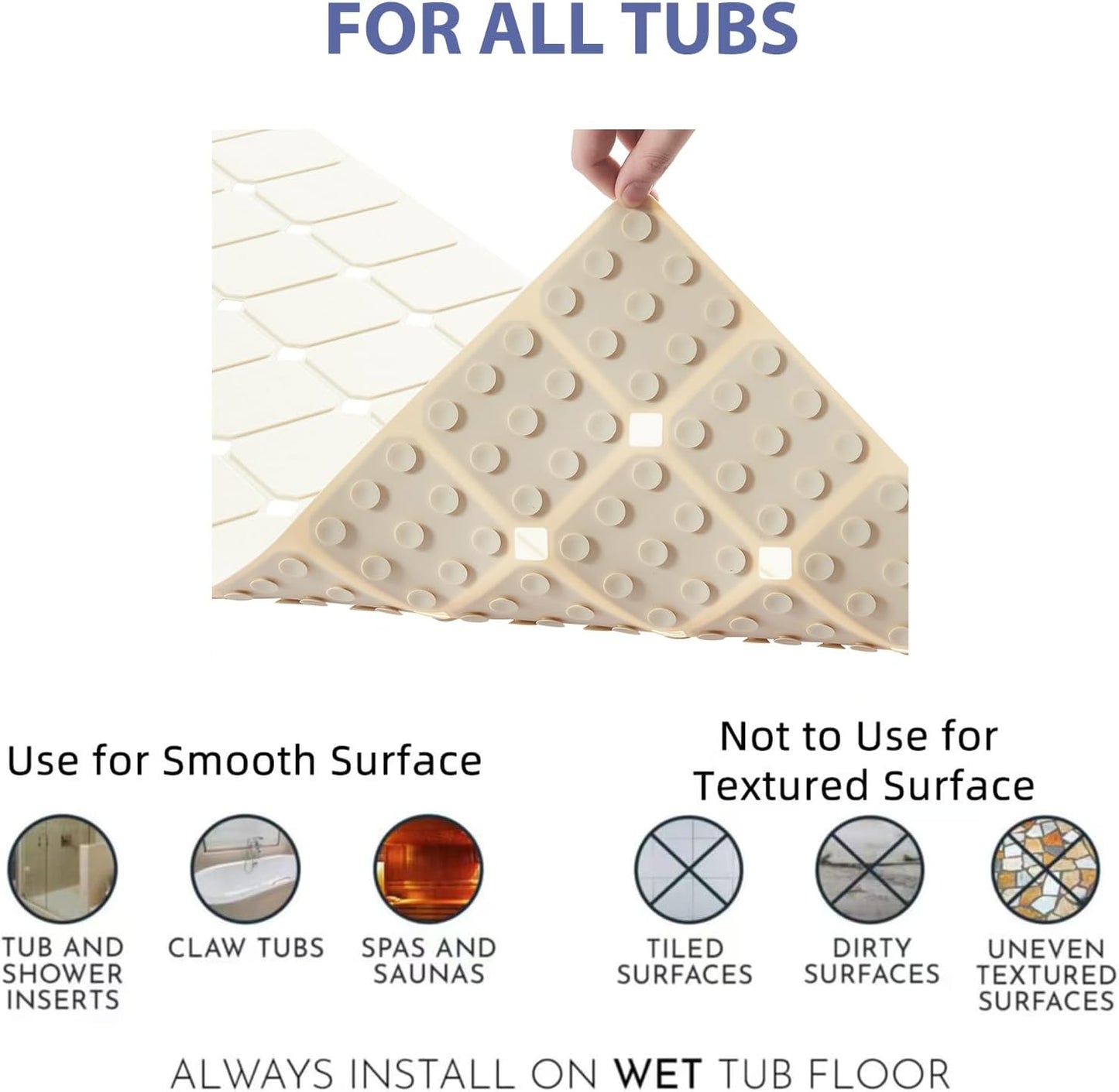 Bathtub Mat Non Slip Silicone Foldable Extra Long Tub Mat Strong Suction Cups & Large Drain Holes, Durable,Machine Washable for Smooth Surfaces Shower Mat, Ideal for Families Beige,15"x40" Beige