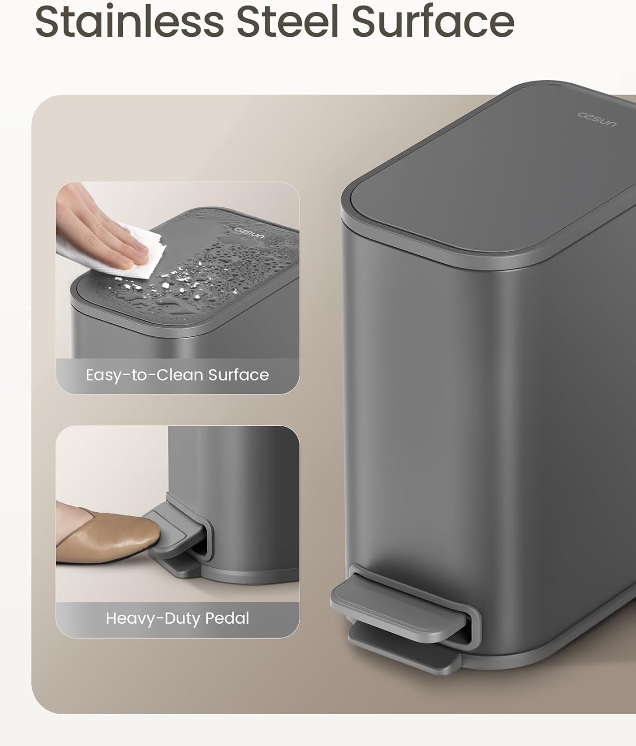 Cesun Small Bathroom Trash Can with Lid Soft Close, Step Pedal, 5 Liter / 1.3 Gallon Stainless Steel Garbage Can with Removable Inner Bucket, Waste Basket for Bathroom, Bedroom (Gray)