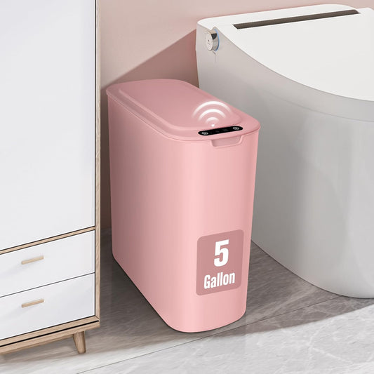 Cesun Motion Sensor Trash Can, 5 Gallon Automatic Bathroom Garbage Can with Lid, Touchless Smart Plastic Slim Wastebasket for Bathroom, Office, rv, Bedroom, Living Room, Pink
