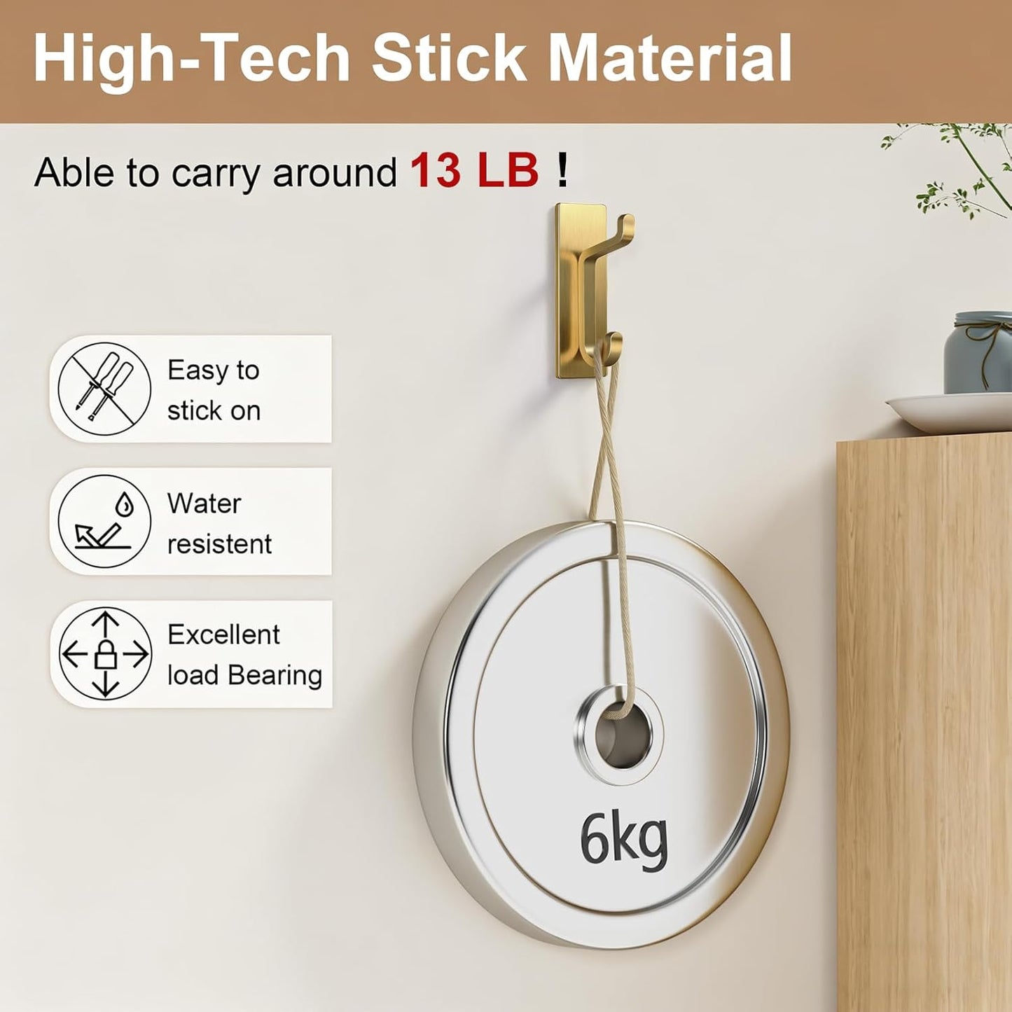pickpiff Wall Hooks for Coat and Towel: 13LB Adhesive Door Hanger Stick on, Brushed Gold