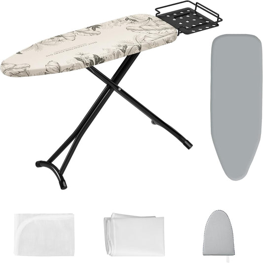 Ironing Board,Foldable Ironing Board Adjustable Height Compact Iron Board Thick Steel Tube Iron Board with Holder,Replacing Cloth Cover and Mini Handheld Gloves(Leaf Print)