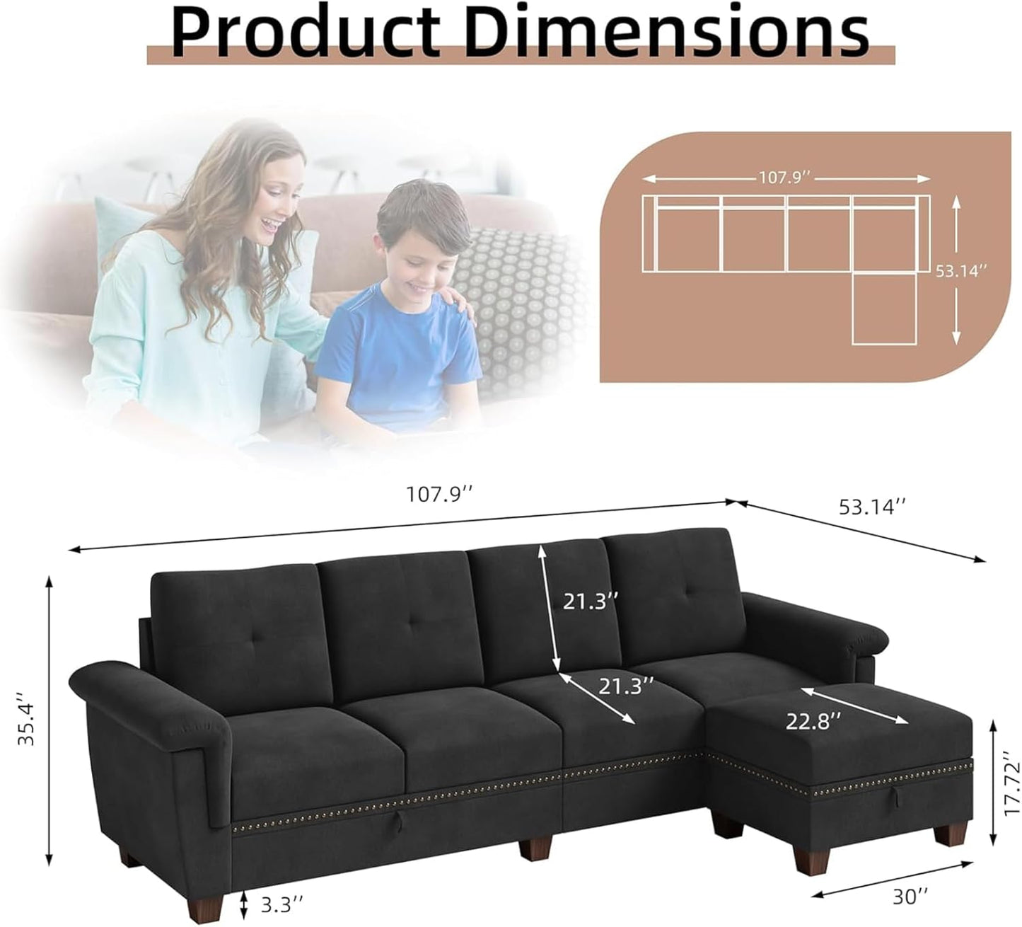 JAMFLY 108" Modular Sectional Sofa with Storage, L Shaped Sofa Couch with Reversible Ottoman, 4-Seat Convertible Sectional Couches with Cup Holders for Living Room, Apartment, Black