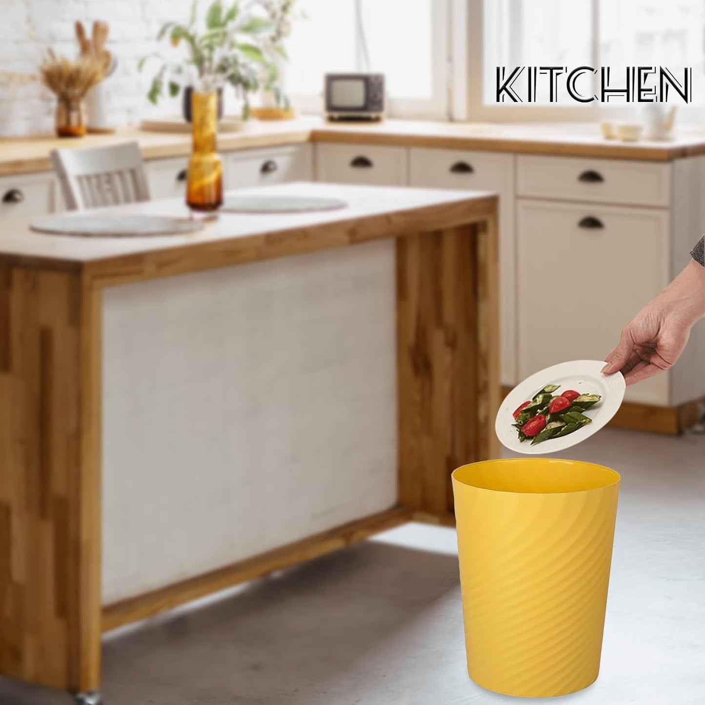 UUJOLY Plastic Small Trash Can Wastebasket, Garbage Container Basket for Bathrooms, Laundry Room, Kitchens, Offices, Kids Rooms, Dorms, (Yellow, 1.8 Gallon)