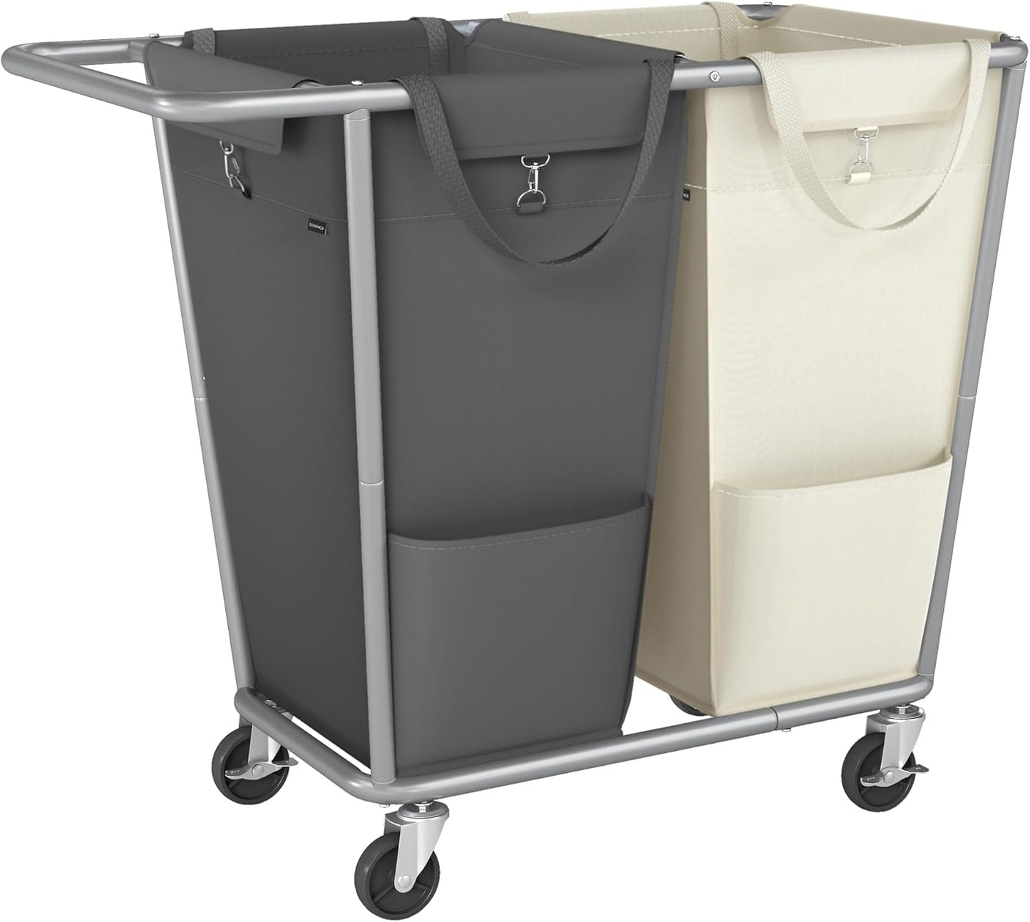 SONGMICS Laundry Basket with Wheels, 50.2 Gallons (190 L), 2-Section Rolling Laundry Hamper with Removable Bags, Heavy-Duty Steel Frame with Handle, Cream White and Dark Gray URLS009X01