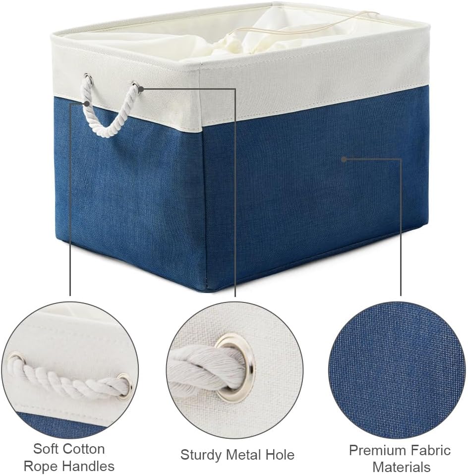 TheWarmHome Organization and Storage Basket for Shelves - Jumbo 3 Pack 20x16x14 inch Collapsible Storage Bins for Organizing, Canves Storage Cubes for Gift Organizer Toys Closet (White & Jean Blue)
