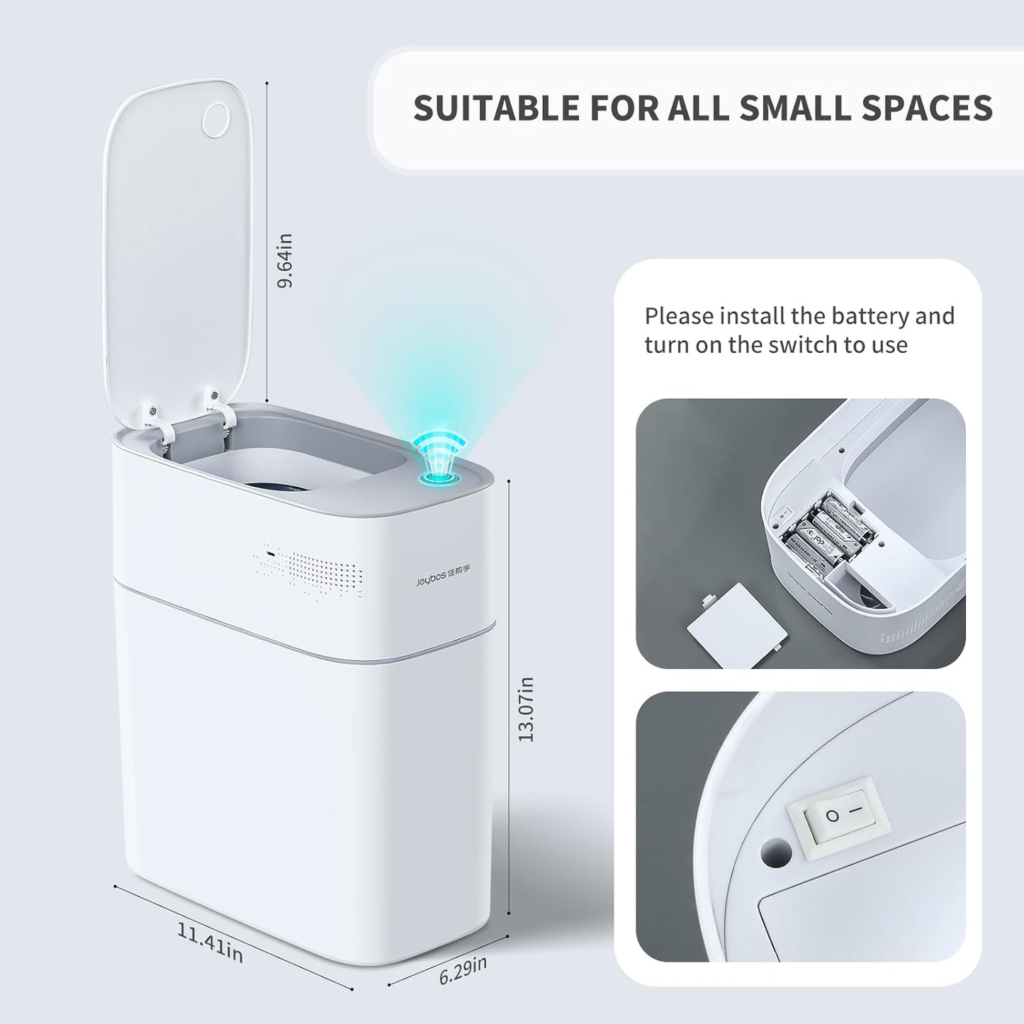 JOYBOS Small Bathroom Trash Cans with Lids,3.8 Gallon Slim White Plastic Automatic Garbage Can,Narrow Motion Sensor Waterproof Trash Bin for Bedroom, Toilet,Office