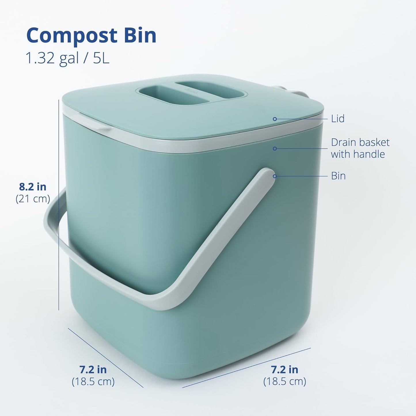 Blue Ginkgo Kitchen Compost Bin [5L / 1.32 GAL] – Filter-Free, Odor-Tight Countertop Food Waste Pail with Handles (Made in Korea, Green)