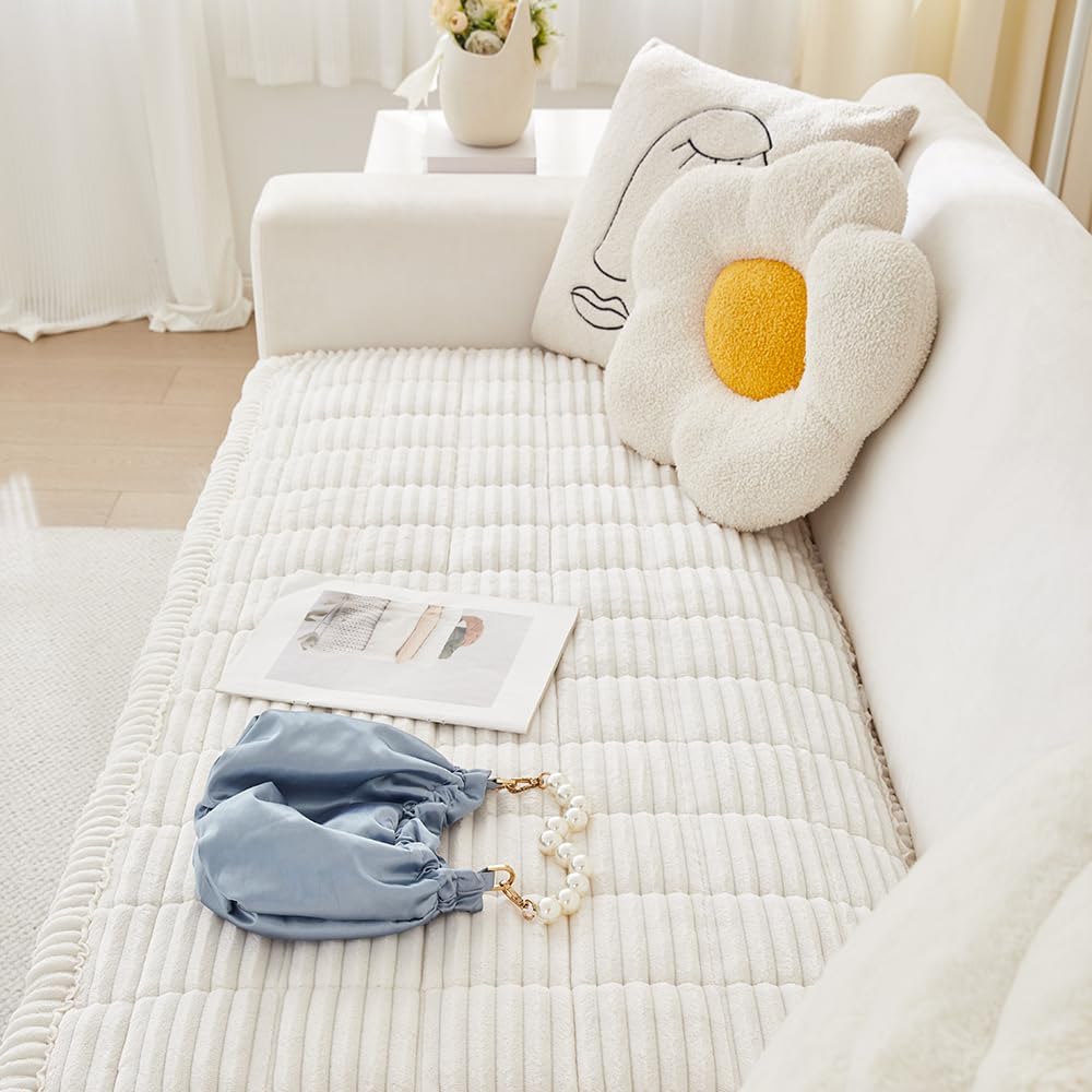 Couch Cover for Dogs Washable, Fuzzy Pet Couch Covers for 2 Cushion Sofa Pet Friendly, Non Slip Sofa Cover (White, 23.6" x 47"/60 x 120cm)