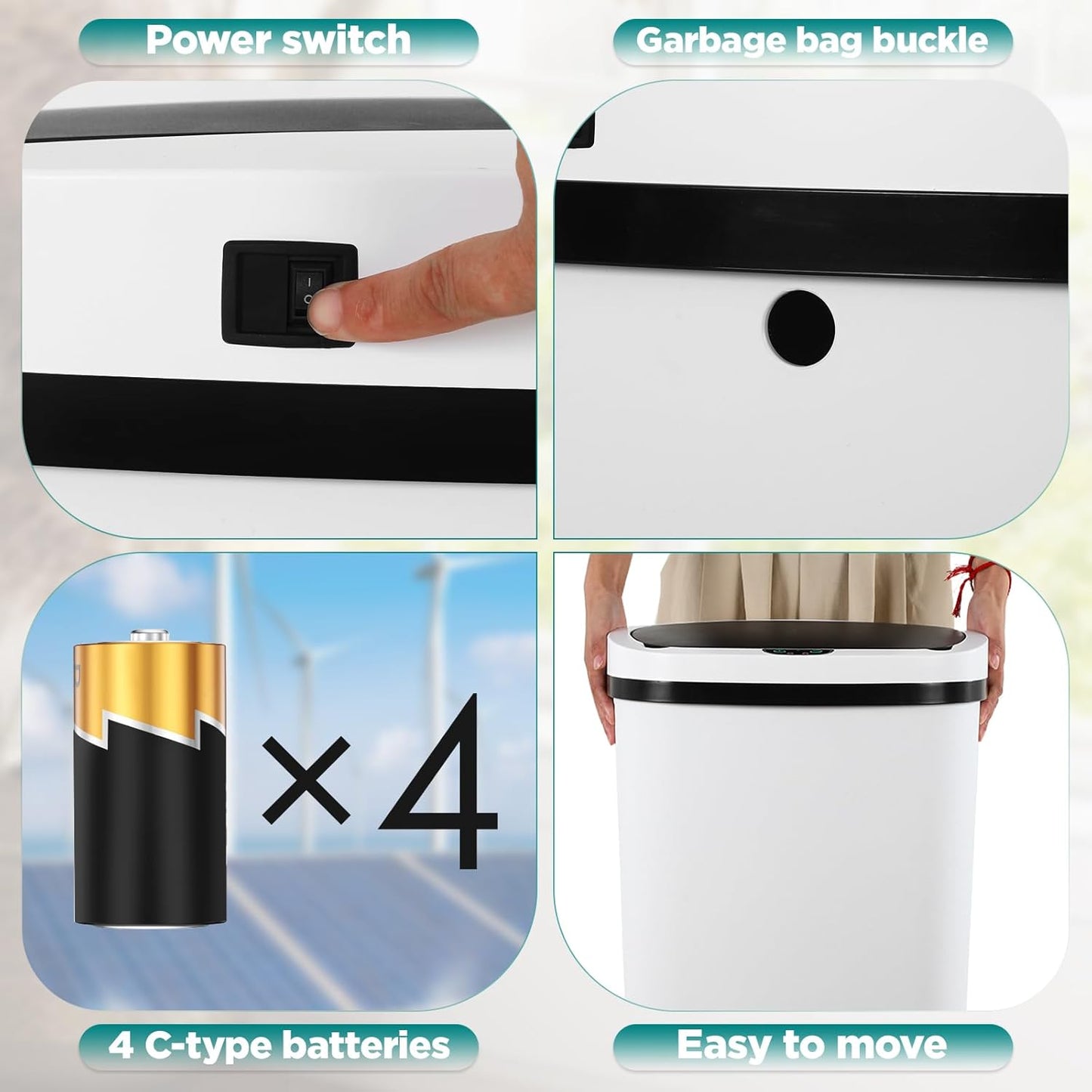 Automatic Motion Sensor Bathroom Trash Can with Lid, 13 Gallon Touchless Trash Bin, Smart Dog Proof Garbage Can, Touch Free Waste Basket for Toilet, Office, Bedroom,White