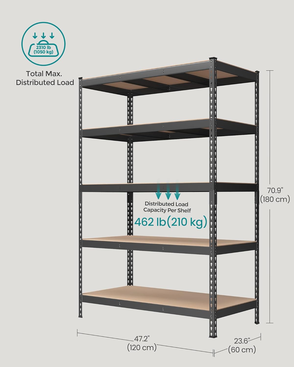 SONGMICS 5-Tier Storage Shelves, Load 2310 lb, Set of 2 Garage Storage, Boltless Assembly, Adjustable Shelving Unit, 23.6 x 47.2 x 70.9 Inches, for Study Shed Basement, Gray UGLR600G02