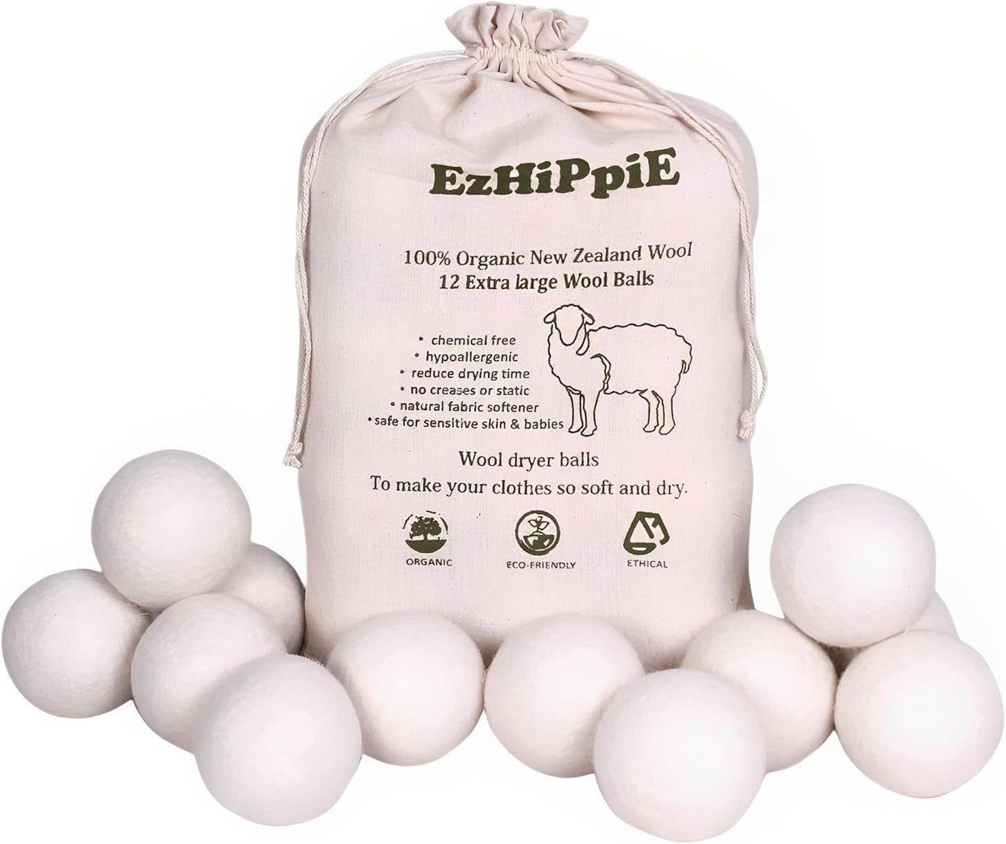 Ezhippie Quality Wool Dryer Balls - 12 XL Pack - 1000+ Loads - Pure Organic Wool - Reusable Natural Fabric Softener Perfect with Essential Oils, Reduce Clothing Static and Wrinkles