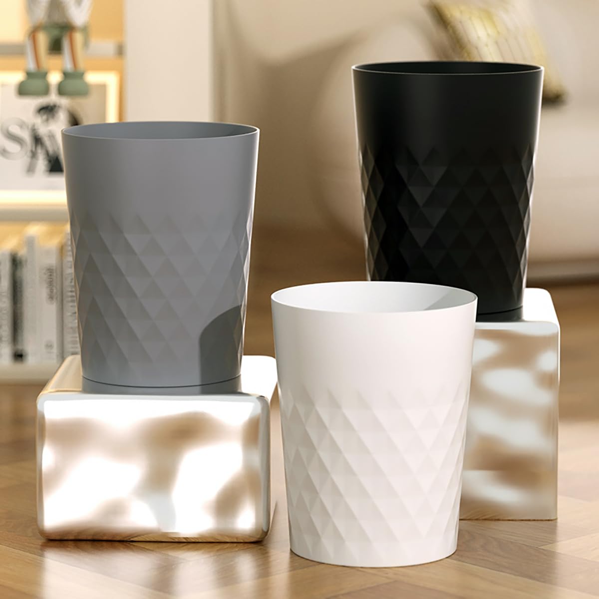 Small Bathroom Trash Can 2 Pack 1.8 Gallon Garbage Can Waste Basket Recycling Bin for Dorms Bedrooms Offices Kitchens, Black White