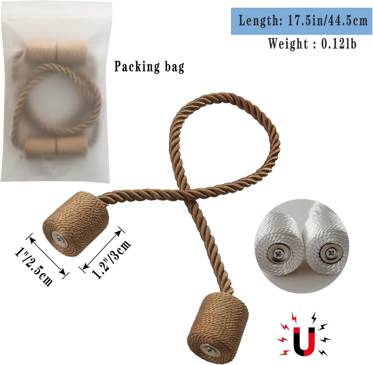 Magnetic Curtain Tiebacks 4 Pack Khaki Curtain Rope Tieback Curtain Holders for Drapes Modern Tie Backs Decorative Curtain Holdbacks