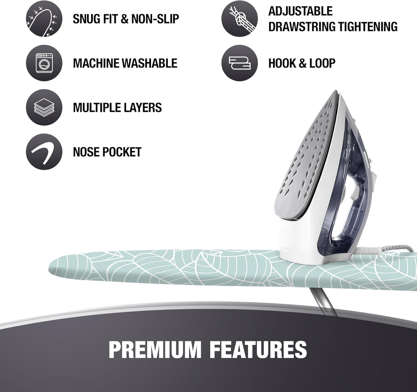 Extra Thick Ironing Board Covers with Pad Standard Size 15x54, Snug Fit Adjustable Drawstring Tightening with Stopper, Heat Reflective Coating, Nose Pocket and Fastener Straps, Green Floral