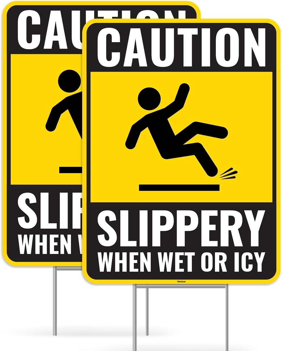 2PC Caution Slippery When Wet Or Icy Sign with Metal Stakes, 12 Inches by 9 Inches - Corrugated Plastic