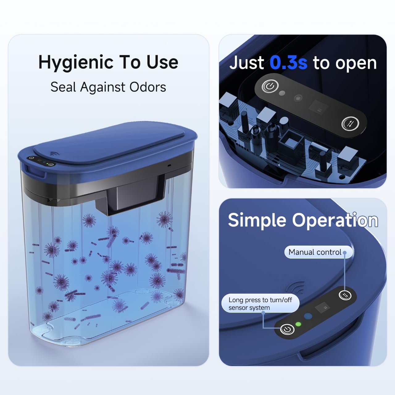 5 Gallon Motion Senor Bathroom Trash Can with Lid, Automatic Garbage Can Touchless, Smart Plastic Waste Basket for Narrow Spaces, Bathroom, Office, Bedroom, Living Room (Blue)