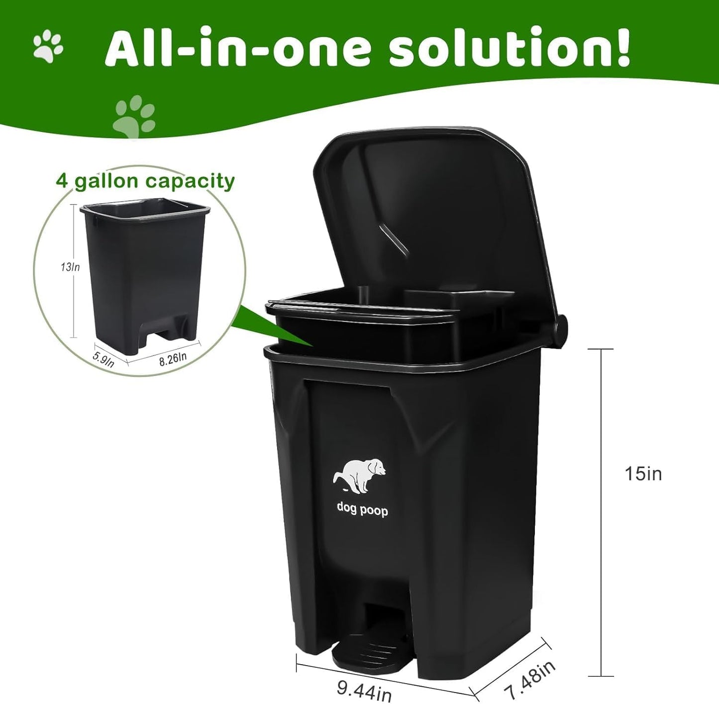 Dog Poop Trash Can Outside, 20L/5Gallon Pedal and Removable Inner Waste Bin, Outdoor Dog Poop Trash Can with 100 Bags, Pet Waste Container for Garden, Black