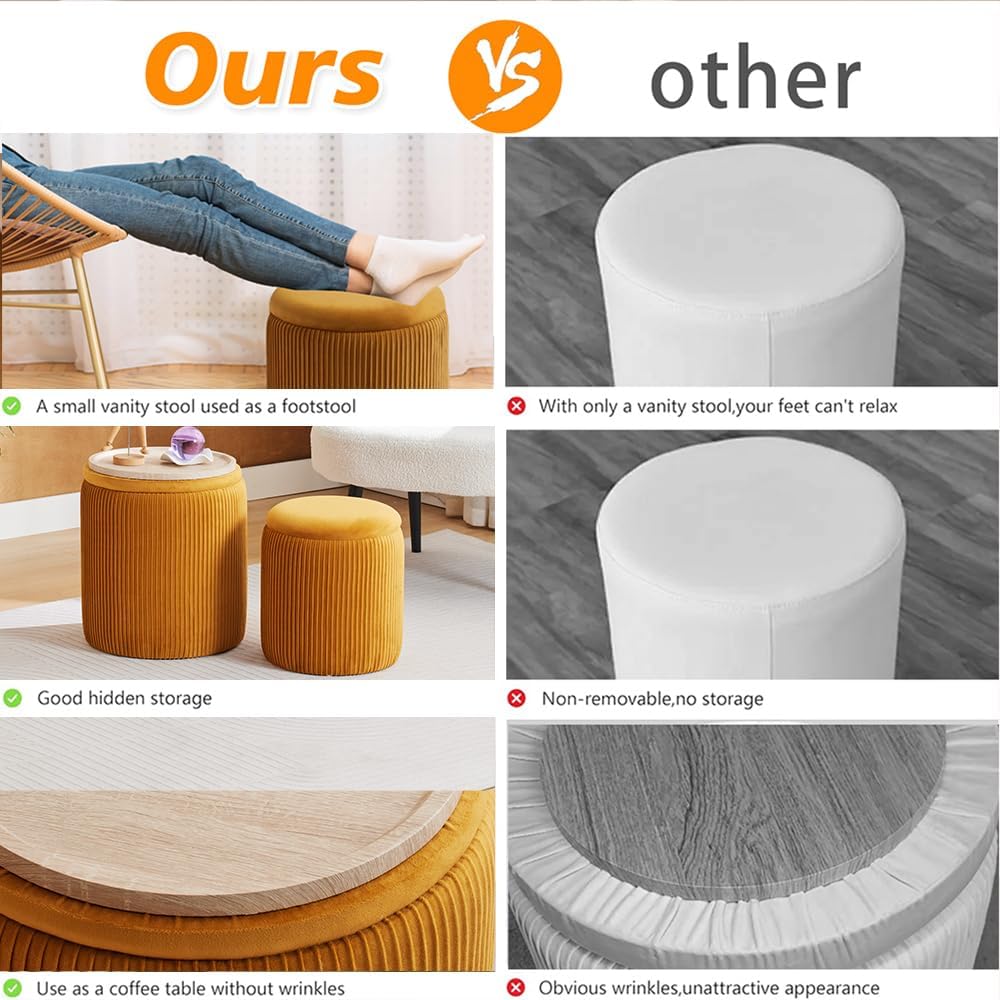 Round Ottoman with Storage Set of 2-Upholstered Velvet Vanity Stool for Makeup Multifunctional Ottomans Coffee Table Padded Seat Foot Rest for Living Room&Bedroom (Yellow-Upgrade Tray Lid)