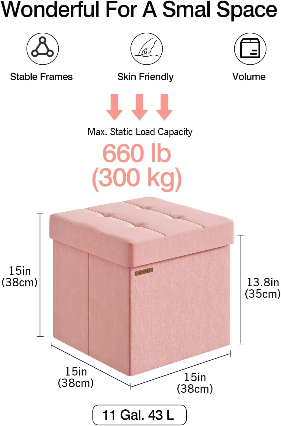 Folding Storage Ottoman, Velvet Storage Bench, Footrest, Footstool, for Living Room, Bedroom and Office,15 x 15 x 15 Inches, 300 kg Load Capacity,Jelly Pink,UASND04P