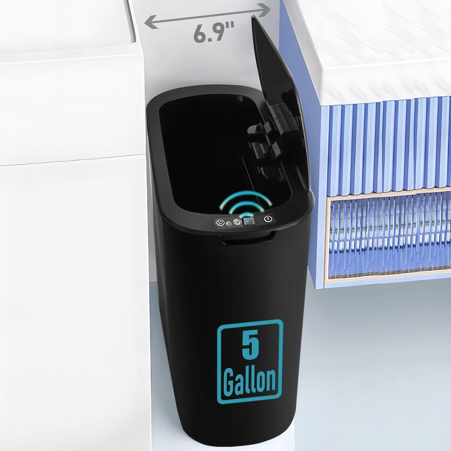 5 Gallon Motion Senor Bathroom Trash Can with Lid, Automatic Garbage Can Touchless, Smart Plastic Waste Basket for Narrow Spaces, Bathroom, Office, Bedroom, Living Room (Black)