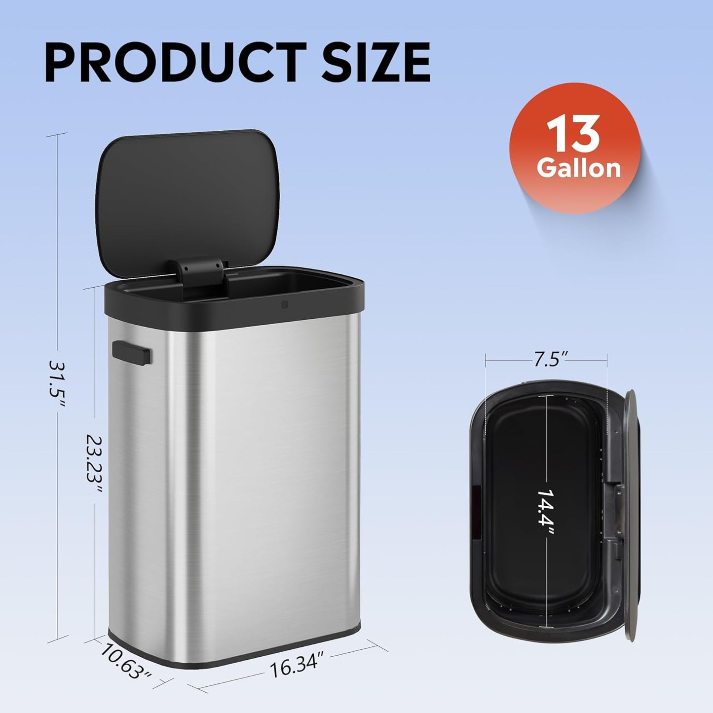 WLIVE 13 Gallon Trash Can, 50 Liter Large Capacity Motion Sensor Automatic Trash Cans Touchless with LED Indicator, Brushed Stainless Steel Finish Garbage Cans for Kitchen, Office, School, Silver