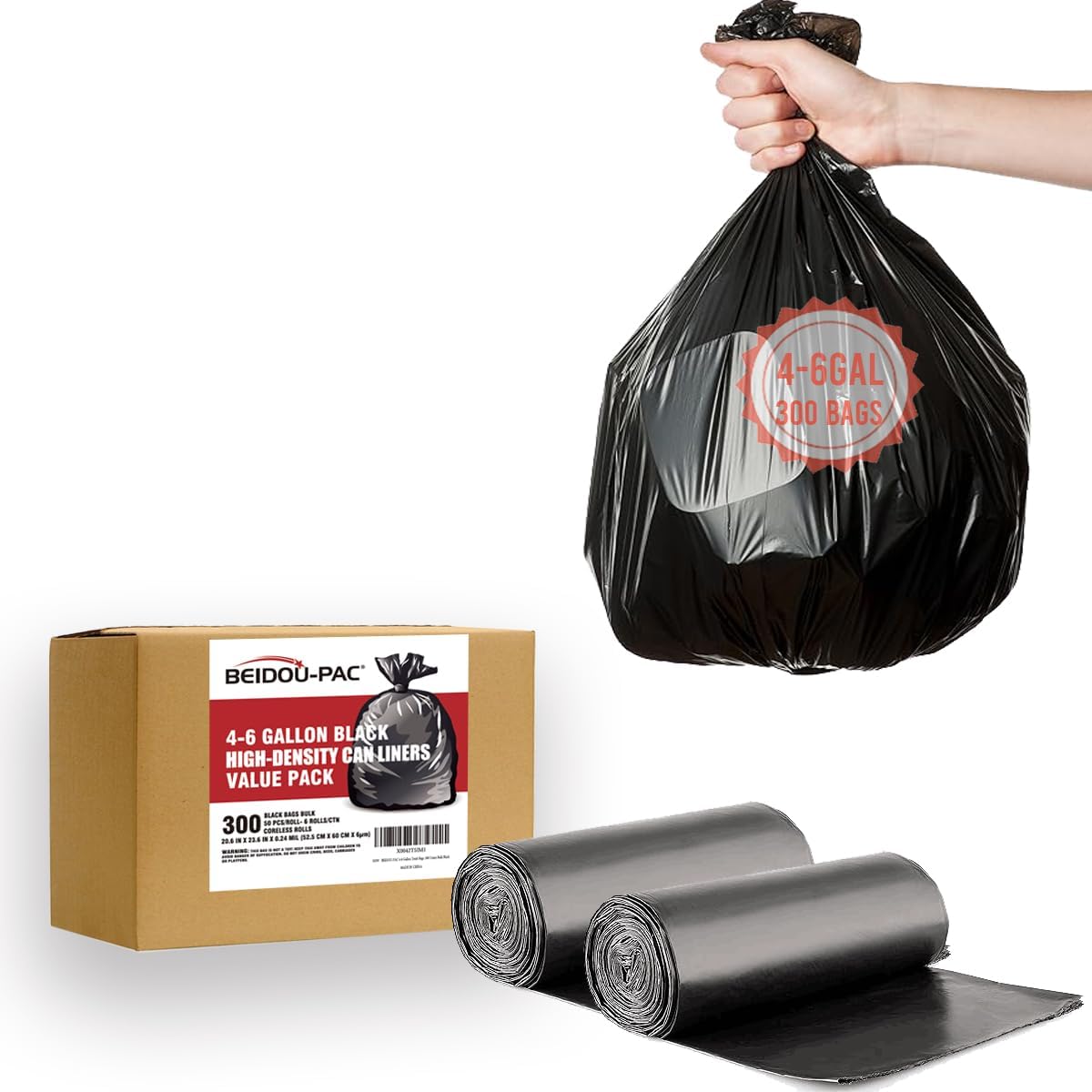 4-6 Gallon Trash Bags, 300 Count Black Garbage bags, Multi-purpose Trash Can Bin Liners for Bathroom, Office, Industrial, Commercial, Janitorial, Municipal, Recycling